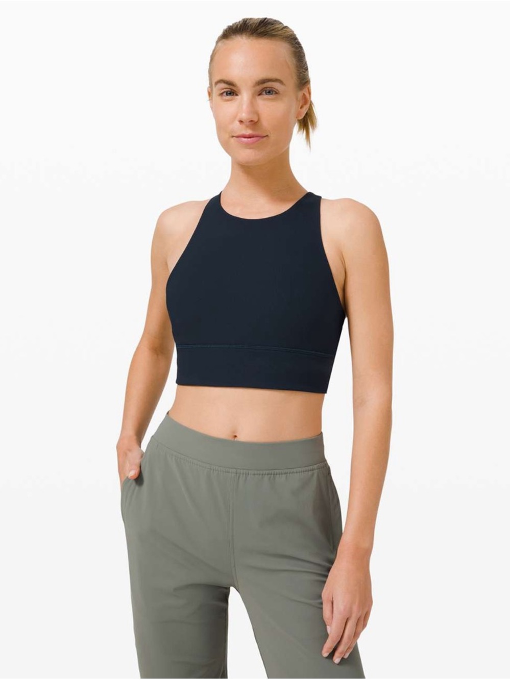 Lululemon High-Neck Navy longline sports bra with design. - Picture 1 of 3